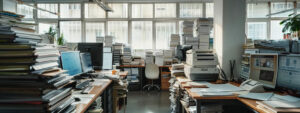 Store room of an office that has fax machines and paper documents stored away as they are replaced by enterprise faxing solutions.